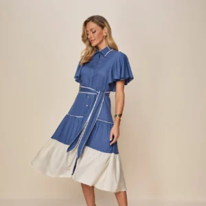 Chemise Midi Viscose Azul com Vivo Off-white 27399