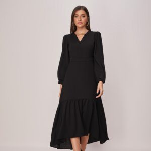 Vestido Midi Crepe Preto Detalhe Corrente 27288