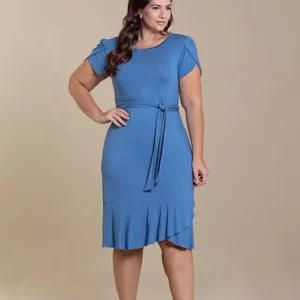 Vestido de Malha Azul com Mangas Tulipas  051388 Tam.G3