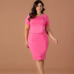 Vestido de Malha Lisa Rosa Com Nervuras 157145 Tam G3