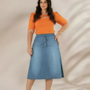 Blusa Malha Canelada Laranja Com Recorte Assimétrico 117176