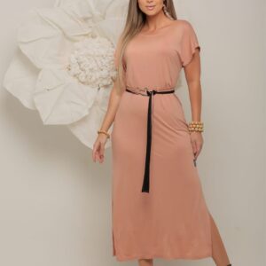 Vestido Midi Malha Com Faixa Rosê 7982  Tamanho:G
