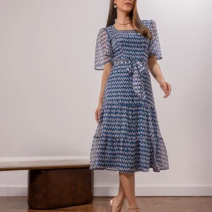 Vestido  Evasê Chiffon Estampado Azul  810882